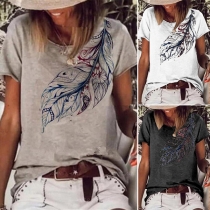 Casual Style Short Sleeve Round Neck Leaf Printed T-shirt