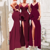 Sexy Backless V-neck Slit Hem Solid Color Slim Fit Sling Party Dress