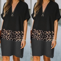 Fashion Short Sleeve V-neck Leopard Printed Spliced Loose Dress
