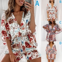 Sexy Deep V-neck High Waist Trumpet Sleeve Printed Romper