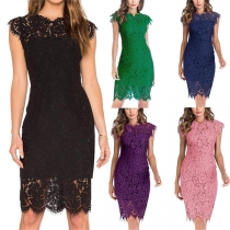 Elegant Solid Color Sleeveless Round Neck Slim Fit Lace Dress