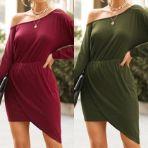 Sexy Oblique Shoulder Long Sleeve Irregular Hem Solid Color Dress