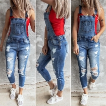 Retro-stil hög midja rippad jeansoverall