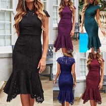 Elegant Solid Color Short Sleeve Stand Collar Slim Fit Fishtail Dress