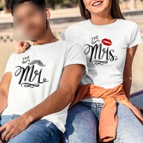 Casual Style Short Sleeve Round Neck Beard Lip Printed Couple T-shirt