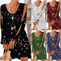 Chic Style Slit Long Sleeve Round Neck Butterfly Printed Loose Dress