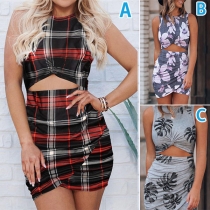 Sexy Hollow Out High Waist Sleeveless Round Neck Slim Fit Printed Dress