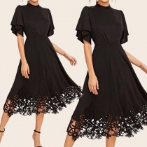 Elegant Solid Color Lotus Sleeve Mock Neck Lace Spliced Hem Dress