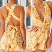 Sexy Crossover Backless Deep V-neck Ruffle Hem Printed Romper