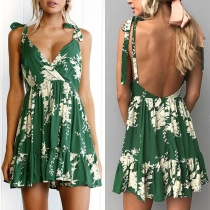 Sexy Backless V-neck Ruffle Hem High Waist Printed Sling Dress