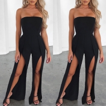 Sexy Strapless High Waist Slit Hem Solid Color Jumpsuit