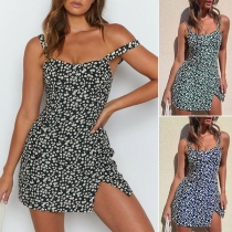 Sexy Backless Slit Hem Slim Fit Printed Sling Dress