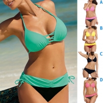 Sexy Low-waist Contrast Color Lace-up Halter Bikini Set