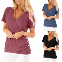 Sexig V-ringad sidoknapp Kortärmad Enfärgad Slim Fit T-shirt