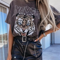 Cute Style Tiger Letters Printed Short Sleeve Round Neck Loose T-shirt