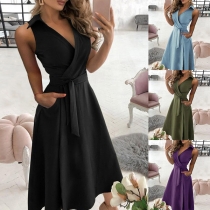 Sexy V-neck Sleeveless High Waist Solid Color Dress