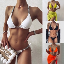 Sexy Low-waist Rhinestone Spliced Halter Bikini Set