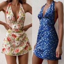 Sexy Backless Deep V-neck High Waist Printed Halter Printed Dress