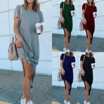 Simple Style Short Sleeve Round Neck Slit Hem SOlid Color T-shirt Dress