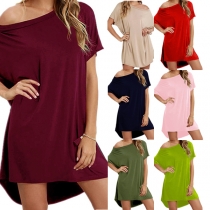 Sexy Oblique Shoulder Short Sleeve High-low Hem Solid Color Loose Dress