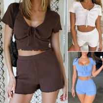 Sexy Drawstring V-neck Short Sleeve Crop Top + Shorts Two-piece Set