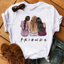 Casual Style Short Sleeve Round Neck Figure Pattern Besties Friends T-shirt