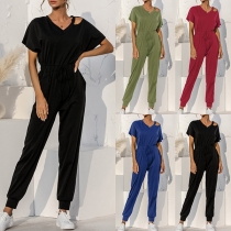 Sexy Off-shoulder Short Sleeve V-neck High Waist Solid Color Jumpsuit