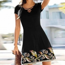 Fashion Short Sleeve V-neck Printed Spliced Hem A-line Dress