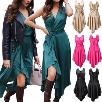 Sexy V-neck Irregular Hem Sleeveless High Waist Solid Color Dress