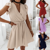 Sexy V-neck Ruffle Cuffel Solid Color High Waist Dress