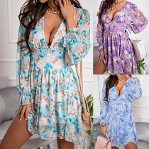 Sexy Deep V-neck Long Sleeve High Waist Printed Dress