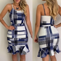 Sexy Backless Ruffle Hem Slim Fit Plaid Printed Sling Dress