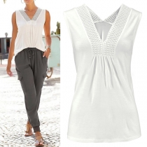 Fashion Solid Color Sleeveless Lace Spliced V-neck Summer Top