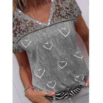 Sexy Lace Spliced Short Sleeve V-neck Hear Printed T-shirt