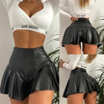 Sexig hög midja volangfåll Enfärgad PU-läder A-line shorts