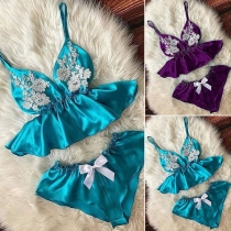 Sexy Backless V-neck Lace Spliced Sling Top + Shorts Nightwear Two-piece Set