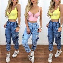 Casual Style Hög midja sidficka Ripped jeans med avslappnad passform.