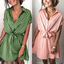 Bohemian Style Short Sleeve POLO Collar Lace-up Waist Dots Printed Shirt Dress