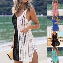 Sexy Sleeveless V-neck Slit Hem Hollow Out Bikini Smock Dress