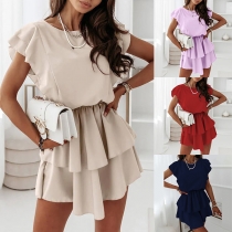 Sweet Style Lotus Sleeve Round Neck Elastic Waist Dual-layer Hem Dress