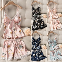 Sexy Backless V-neck Lace Spliced Printed Sling Top + Shorts Nightwear Set
