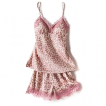 Sexy Backless V-neck Lace Spliced Leopard Printed Nightwear Set