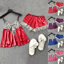 Sexy Backless V-neck Lace Spliced Sling Top + Shorts Nightwear Set