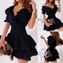 Sexy V-neck Short Sleeve V-neck High Waist Ruffle Cake Dress