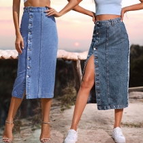 Hög midja slitsfåll Enkelknäppt denimkjol