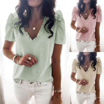 Sweet Style Ruffle V-neck Short Sleeve Plaid Top