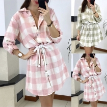 OL Style Long Sleeve POLO Collar Plaid Shirt Dress