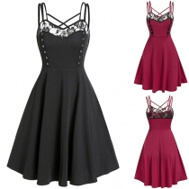 Sexy Backless High Waist Lace Spliced Solid Color Sling Dress