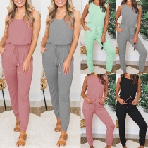 Simple Style Sleeveless Round Neck Drawstring Elastic Waist Solid Color Jumpsuit