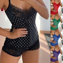 Sexy Backless V-neck Lace Spliced Dots Printed Sling Top + Shorts Two-piece Set